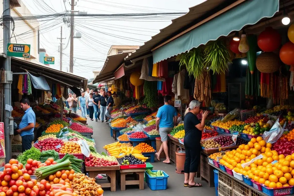 Feira livre com barracas coloridas de frutas e legumes