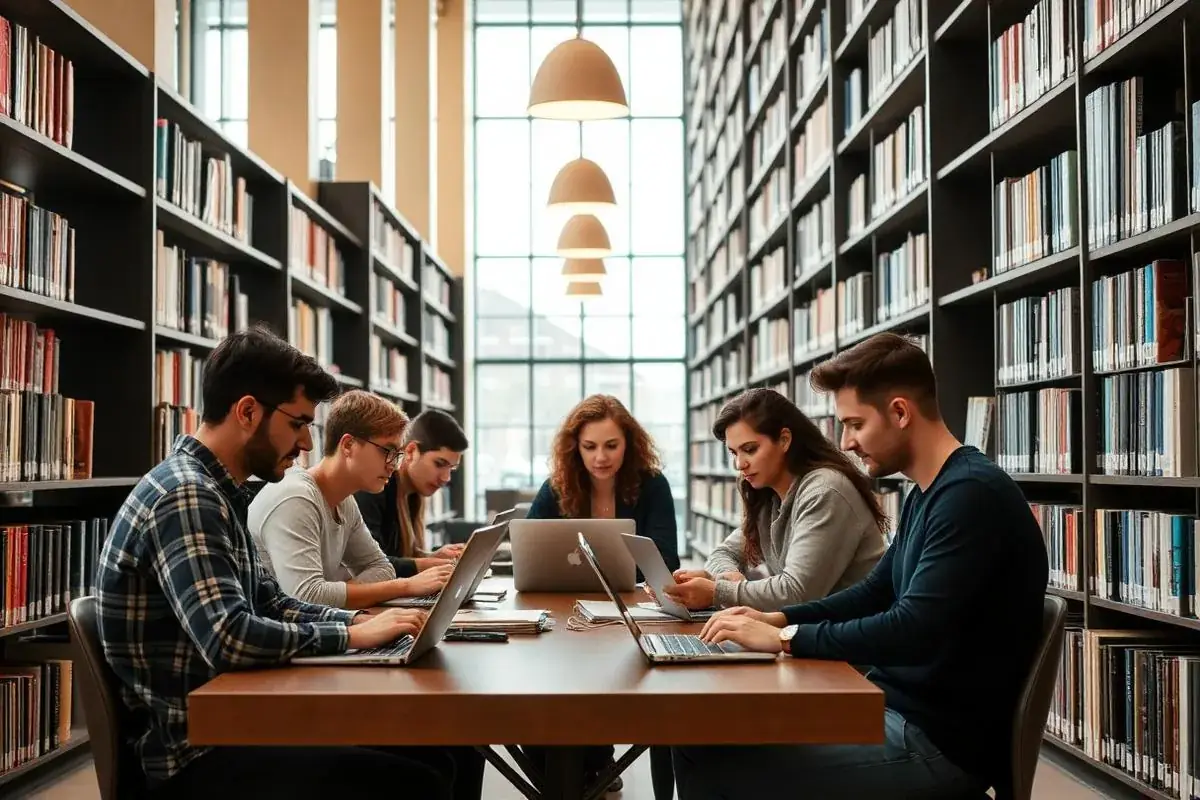 Estudantes universitários estudando em biblioteca