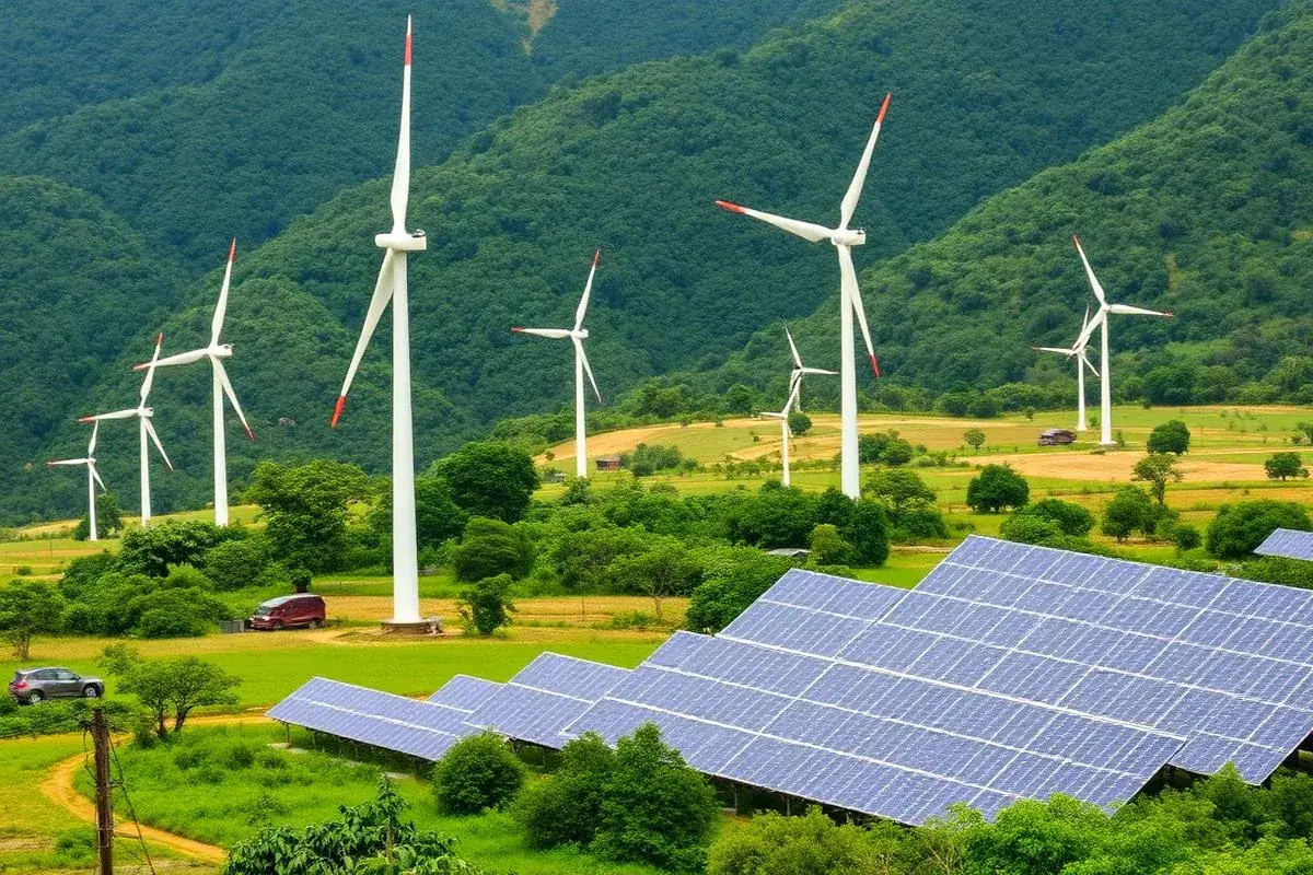Turbinas eólicas e painéis solares em paisagem rural