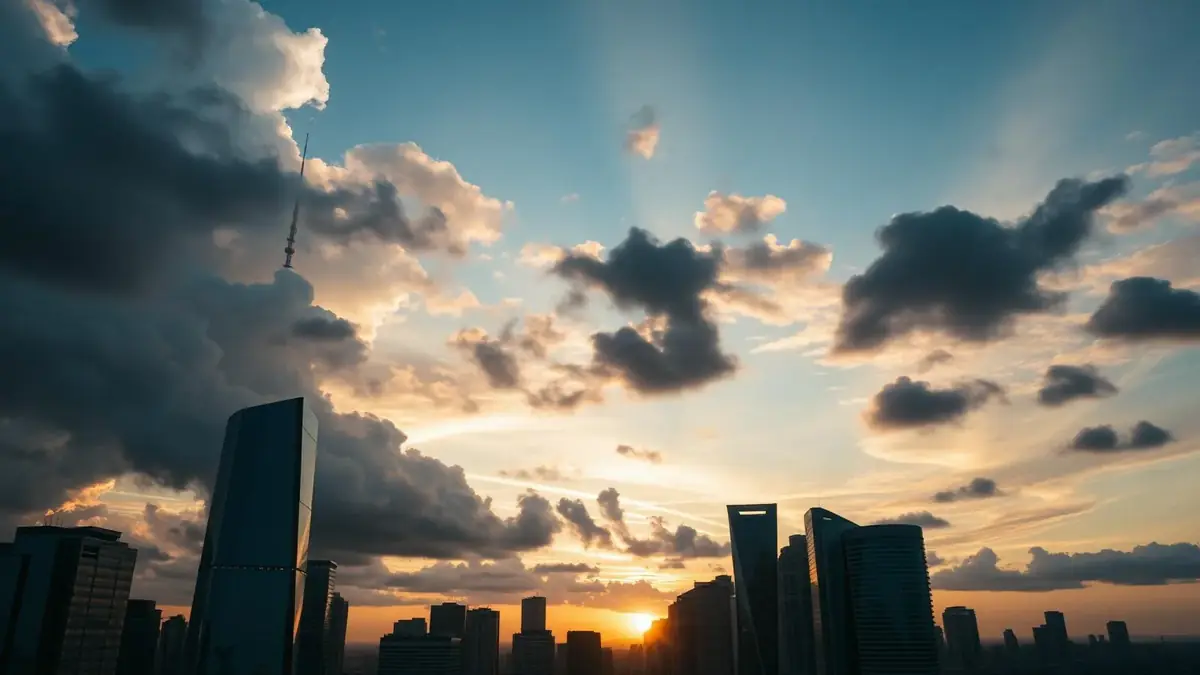 Skyline de arranha-céus ao pôr do sol