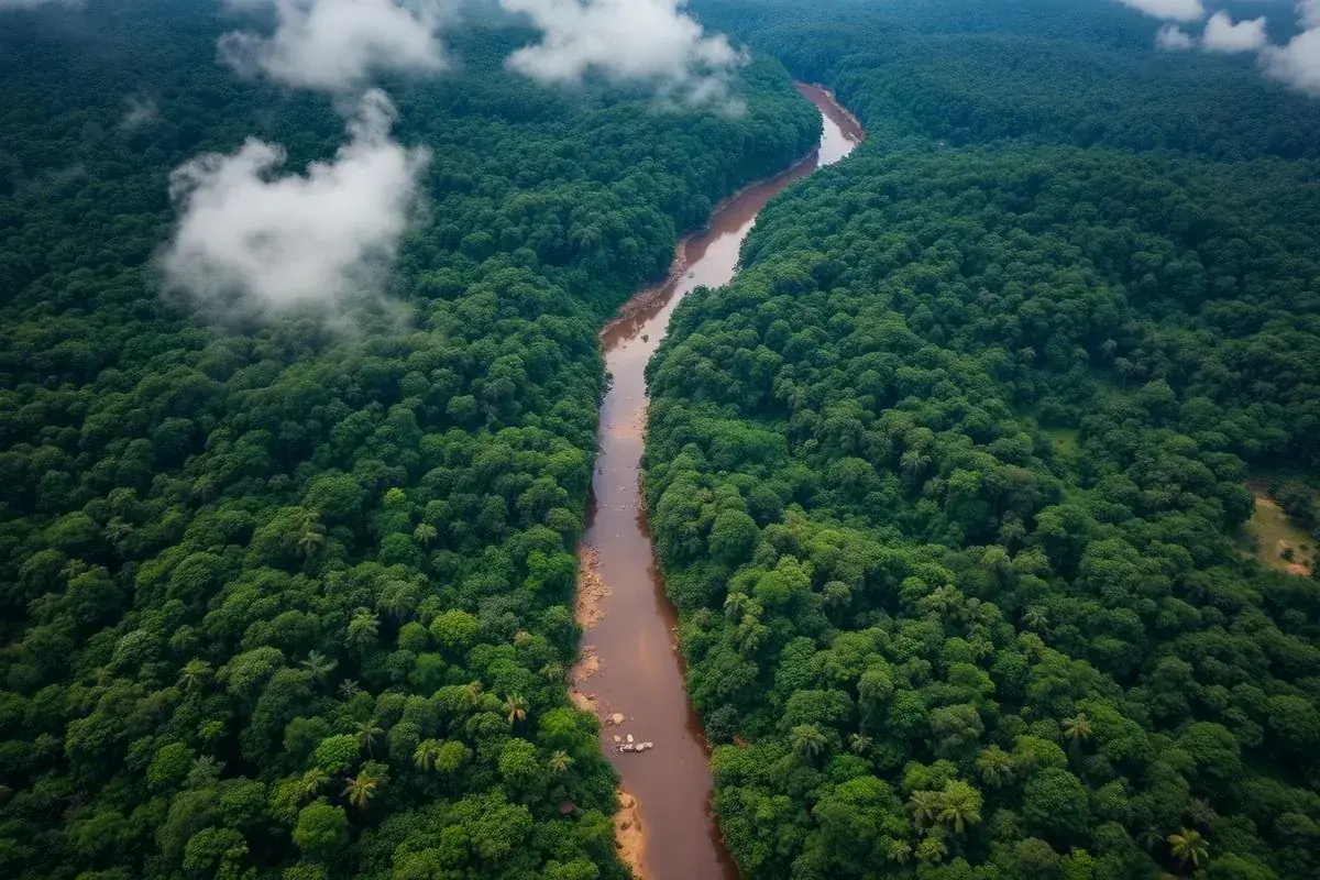 Vista aérea da floresta amazônica com rio serpenteando